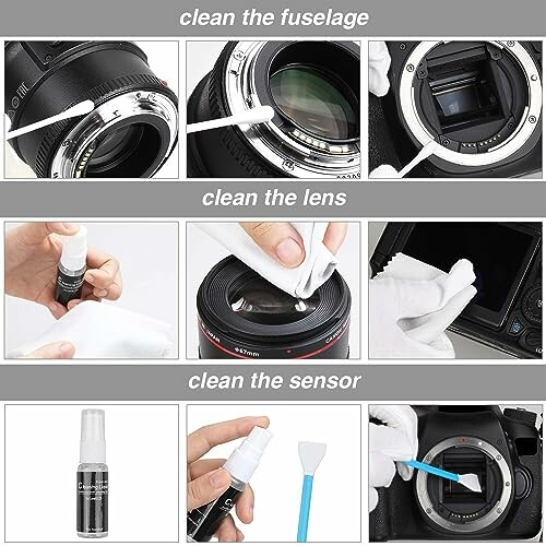 Steps for cleaning camera fuselage, lens, and sensor using a cleaning kit.