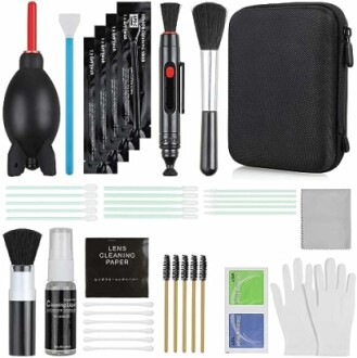 Camera cleaning kit with tools and accessories.