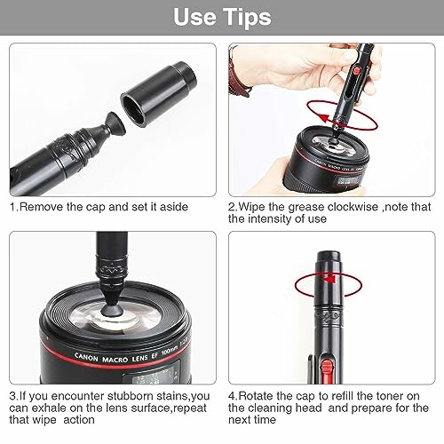 Instructions for cleaning a camera lens with a cleaning pen.