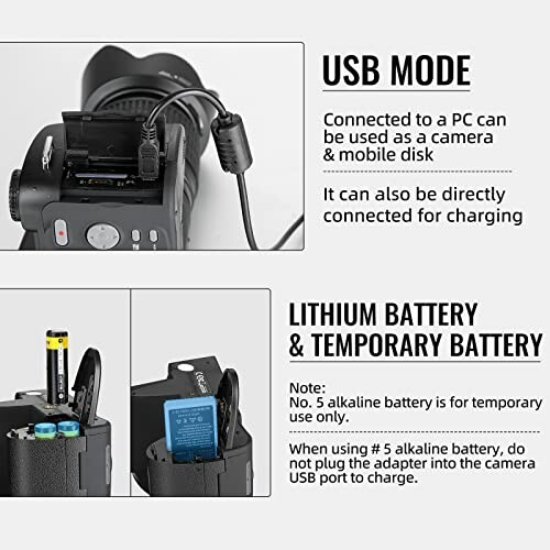 Camera with USB mode and battery instructions.