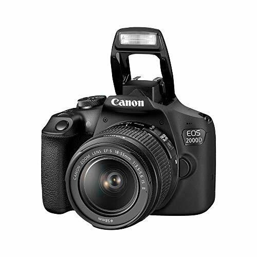 Canon EOS 2000D DSLR camera with lens and flash