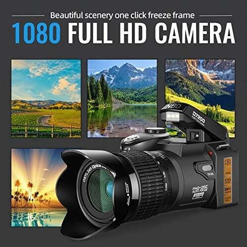 Digital camera with scenic landscape photos and full HD 1080 text.